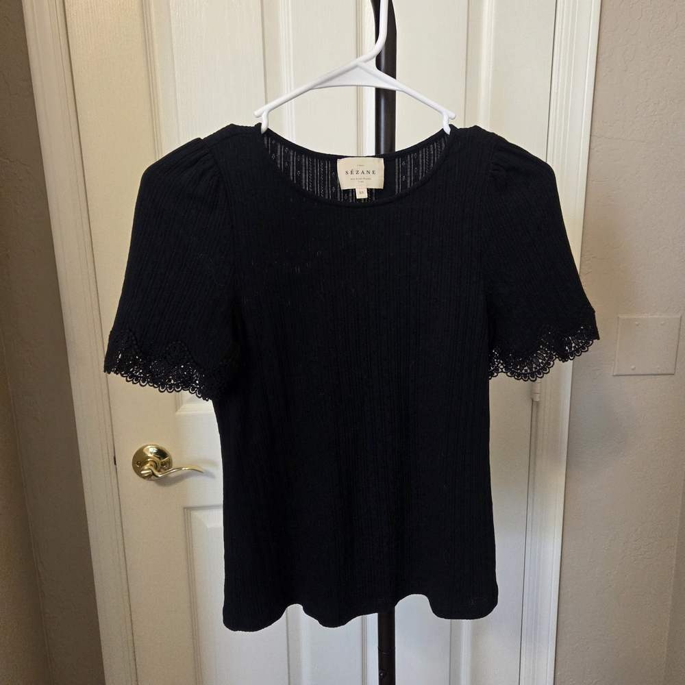 Sezane Black Blouse with Lace Sleeves